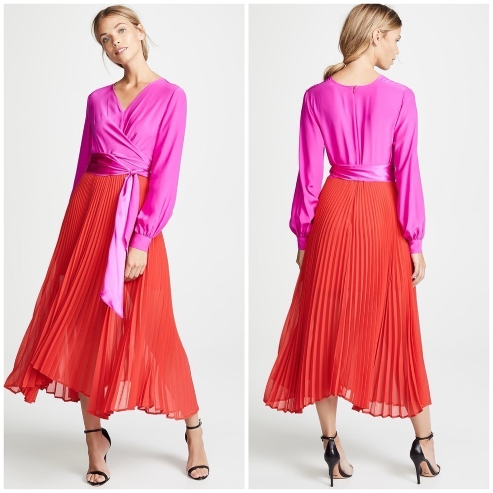 DELFI Collective Camille Dress Pink Red Long Sleeve Pleated Midi Sz XS - Picture 2 of 16
